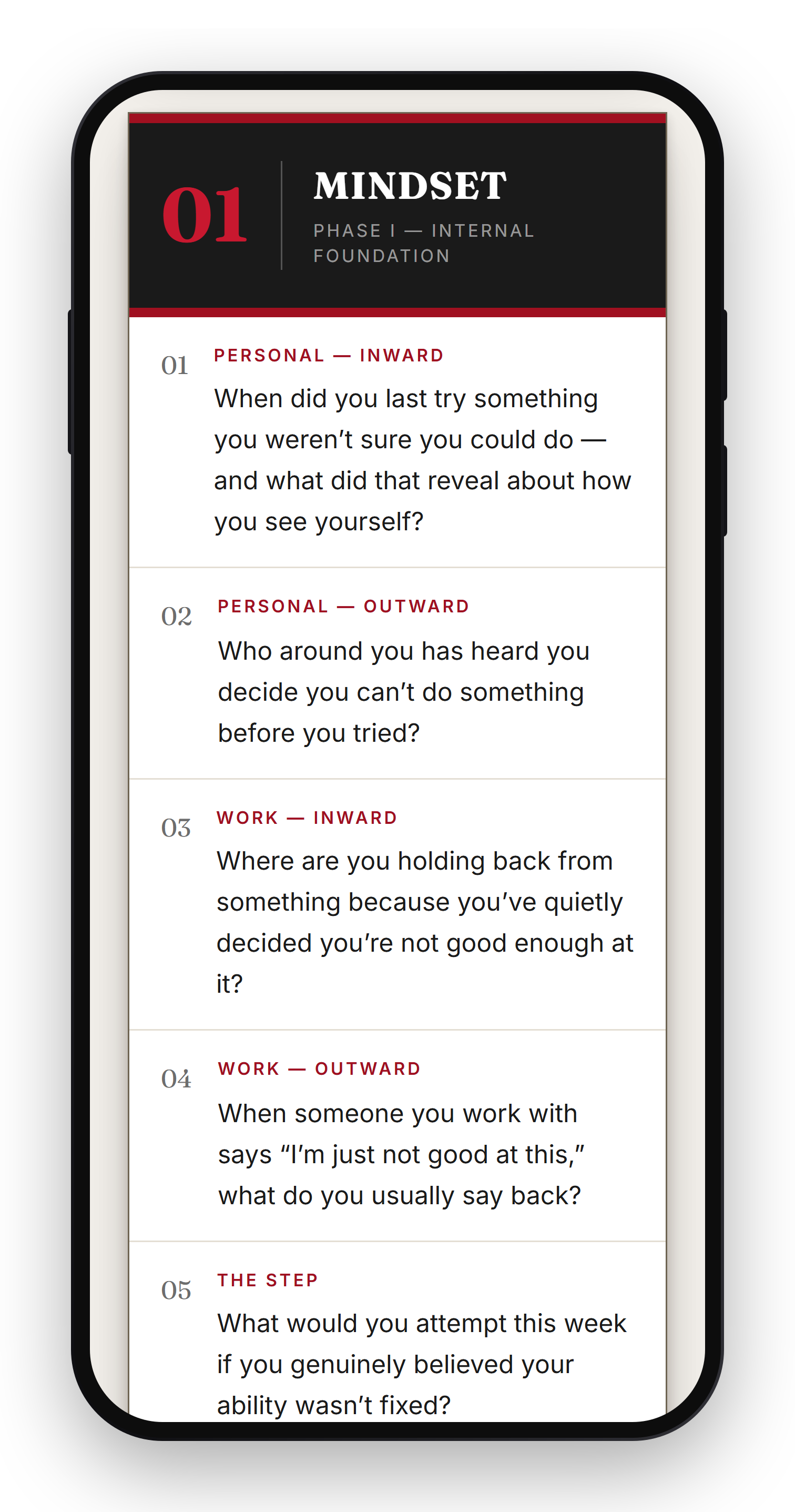 A 1-on-1 Conversation Card for the Mindset theme, showing the prompts a facilitator uses in a one-to-one.