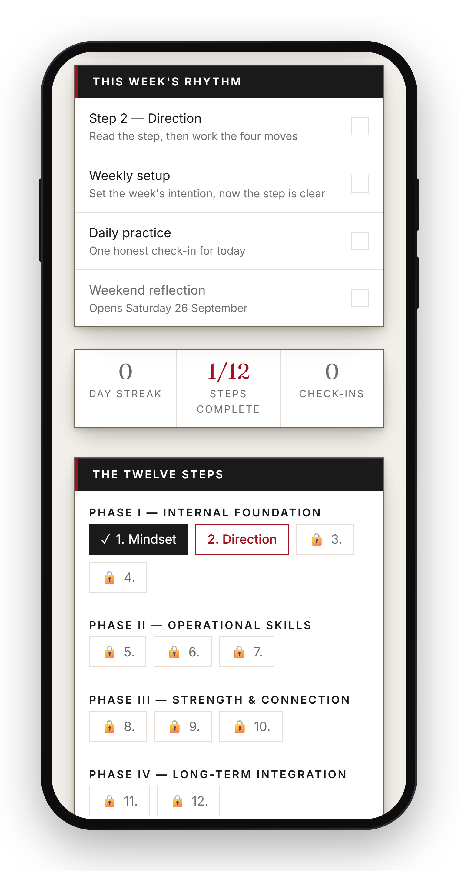 Free tier: later steps locked, daily tools locked.