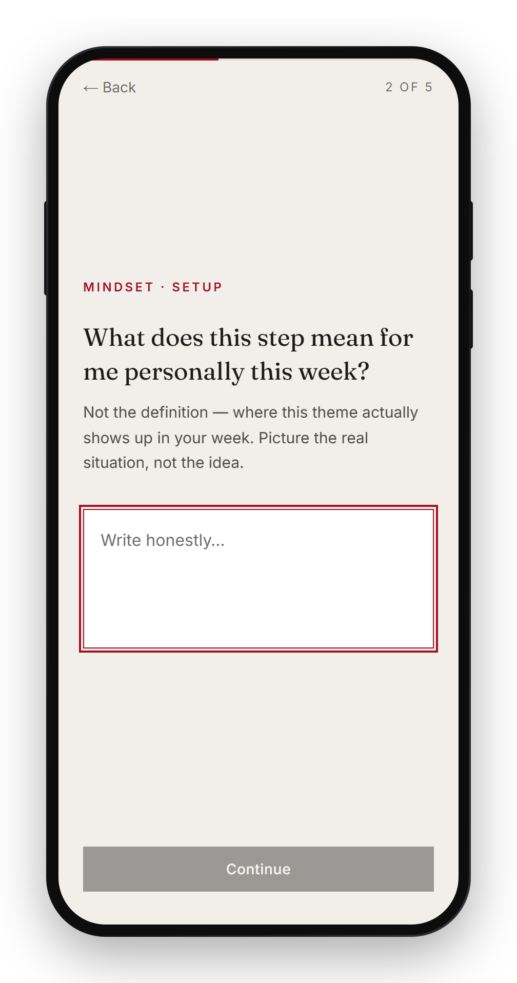 The weekly setup asking a specific, guided question instead of a blank box.